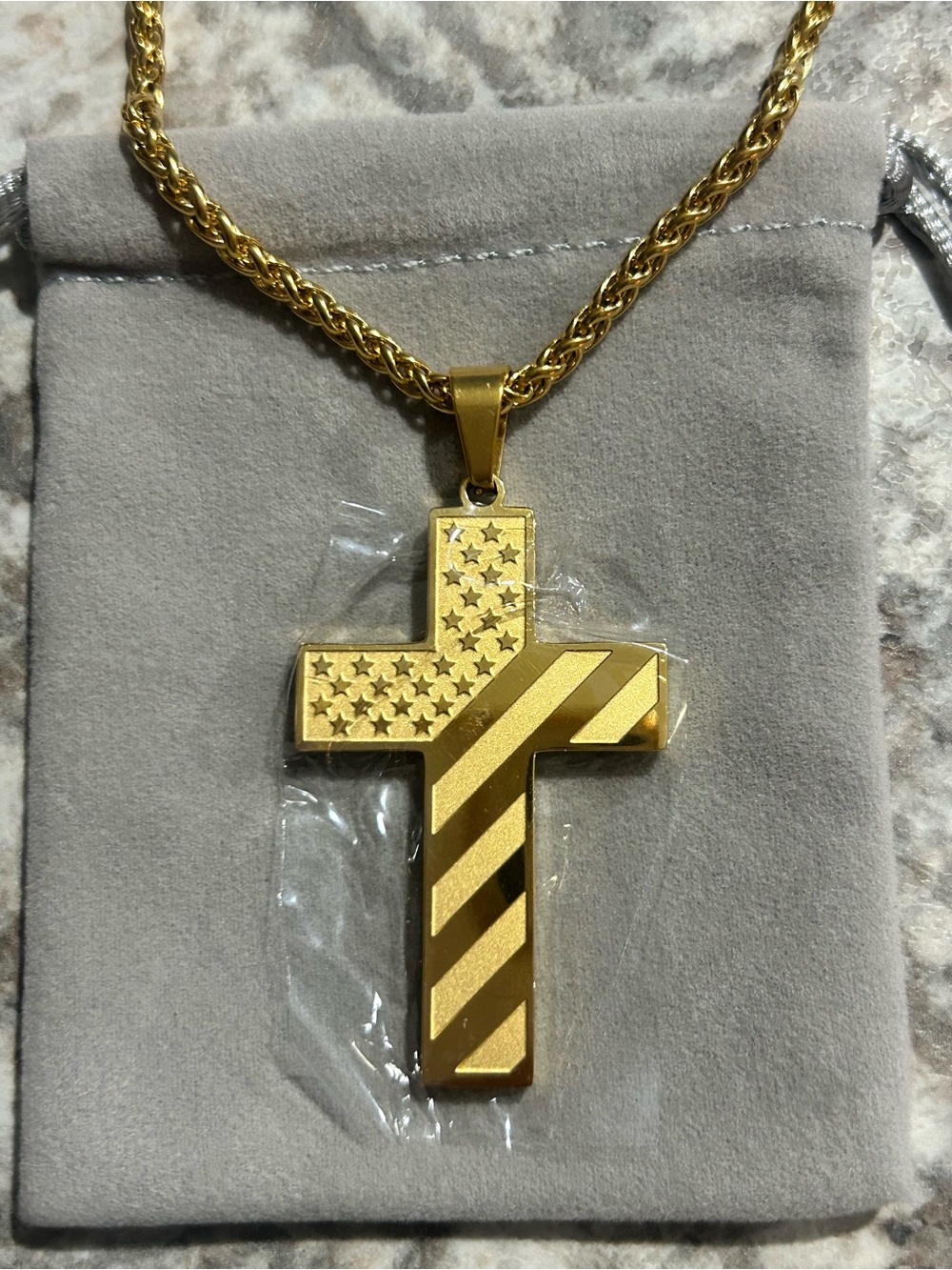 Gold-Tone American Flag Cross Pendant Necklace for Men